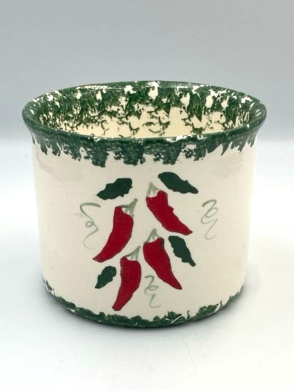 Ceramic‎ Crock Chili Pepper Motif White w/ Green Speckled Rim Marked